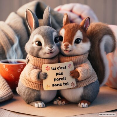 Deux adorables rongeurs, un lapin et un écureuil, se tiennent dans des pulls en tricot, tenant un panneau avec l'inscription : Ici c'est pas pareil sans toi.