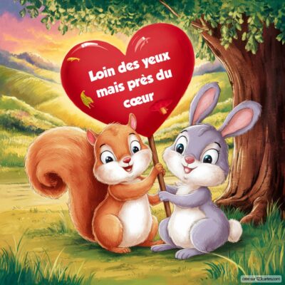 Deux animaux mignons, un écureuil et un lapin, se tiennent sous un arbre avec un cœur rouge portant le message : « Loin des yeux mais près du cœur ».