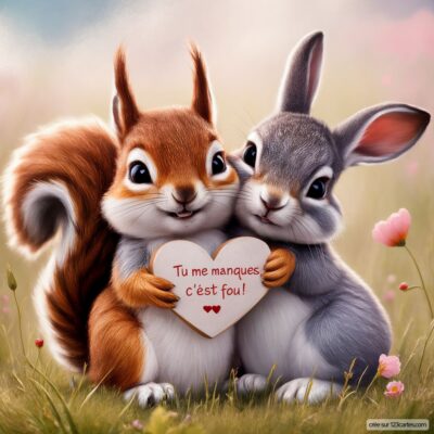 Deux adorables animaux, un écureuil et un lapin, s'enlacent en tenant un cœur. Texte : Tu me manques, c'est fou !