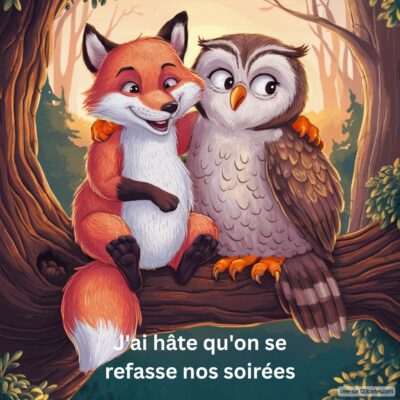 Un renard souriant et une chouette affectueuse se tiennent côte à côte sur une branche, avec un fond de forêt et le texte J'ai hâte qu'on se refasse nos soirées.