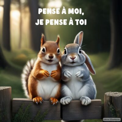 Deux animaux, un écureuil et un lapin, se tiennent côte à côte sur une barrière en bois dans une forêt. Texte : Pense à moi, je pense à toi.