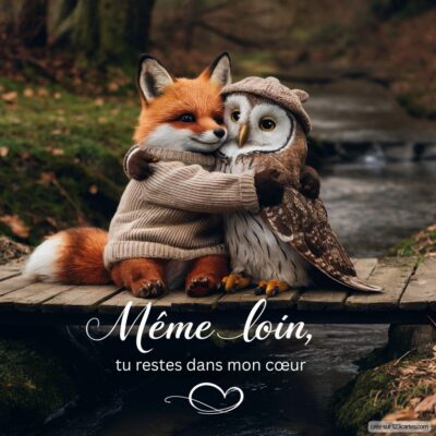 Deux animaux, un écureuil et un lapin, se tiennent côte à côte sur une barrière en bois dans une forêt. Texte : Pense à moi, je pense à toi.