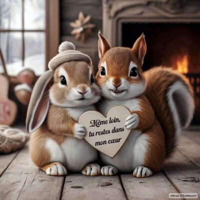 Deux petits animaux mignons, un lapin et un écureuil, se tiennent ensemble en tenant un cœur. Texte : Même loin, tu restes dans mon cœur.