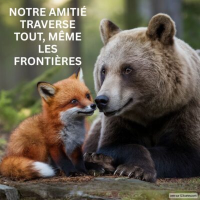 Un petit renard et un grand ours se regardent avec tendresse, illustrant le message sur l'amitié qui transcende les frontières.