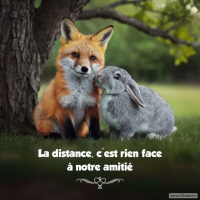 Image d'un renard et d'un lapin assis ensemble sur l'herbe, avec le message : La distance, c'est rien face à notre amitié.