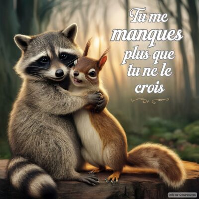 Image d'une carte virtuelle illustrant un raton laveur et un écureuil s'enlaçant, avec le texte Tu me manques plus que tu ne le crois.