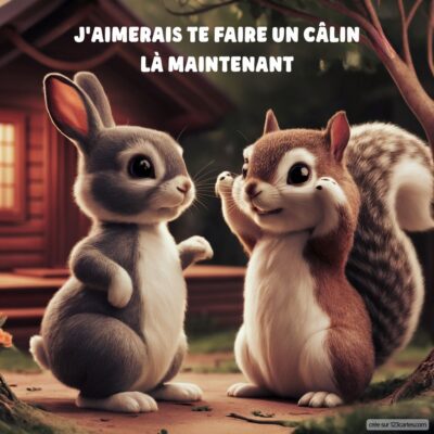 Deux animaux mignons, un lapin gris et un écureuil, se regardent avec affection devant une maison en bois. Texte : J'aimerais te faire un câlin là maintenant.