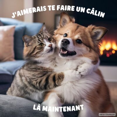 Image d'un chat et d'un chien s'enlaçant avec des textes en haut : J'aimerais te faire un câlin Là maintenant.