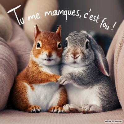 Deux animaux mignons, un écureuil et un lapin, se câlinent sur un canapé avec le texte Tu me manques, c’est fou ! au-dessus.