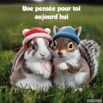 Deux animaux mignons, un lapin et un écureuil, portent des bonnets colorés sur une pelouse. Texte : Une pensée pour toi aujourd'hui.
