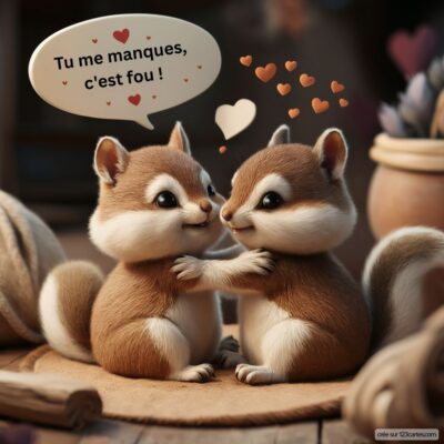 Deux petits écureuils mignons se tiennent face à face, échangeant des regards tendres avec un message sur l'amitié à distance.
