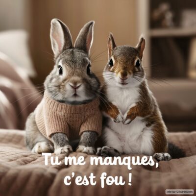 Image de deux animaux mignons, un lapin en pull et un écureuil, avec le texte : Tu me manques, c’est fou ! sur fond doux.