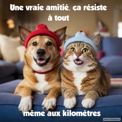 Deux animaux mignons, un chien et un chat, sourient ensemble sur un canapé tout en portant des bonnets colorés.