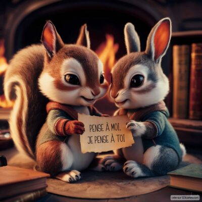 Deux écureuils mignons, assis près d'une cheminée, tiennent une pancarte avec l'inscription Pense à moi, je pense à toi.
