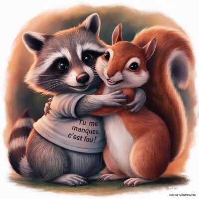 Deux animaux mignons, un raton laveur et un écureuil, s'enlacent avec tendresse. Le raton laveur porte un T-shirt disant Tu me manques, c’est fou !