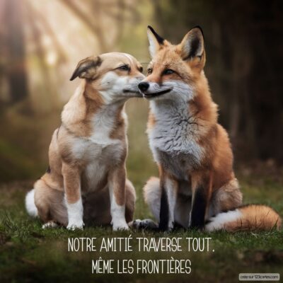 Deux animaux, un chien et un renard, se regardent tendrement dans un cadre naturel. Texte sur l'image : Notre amitié traverse tout, même les frontières.