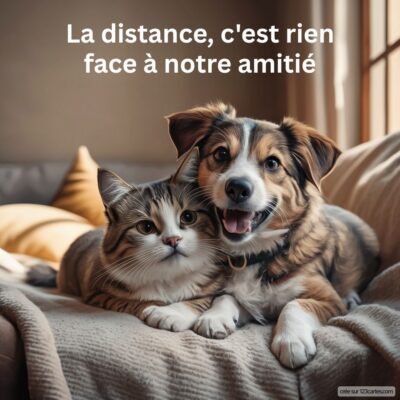 Un chat et un chien souriants, côte à côte sur un canapé, avec la phrase « La distance, c'est rien face à notre amitié » au-dessus.