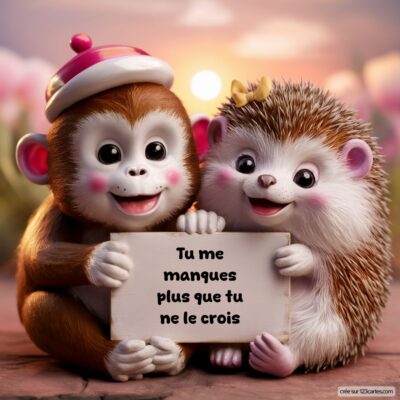 Image d'un singe et d'un hérisson souriants, tenant une pancarte disant Tu me manques plus que tu ne le crois.