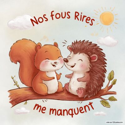 Illustration d'un écureuil et d'un hérisson souriants sur une branche, avec le texte 