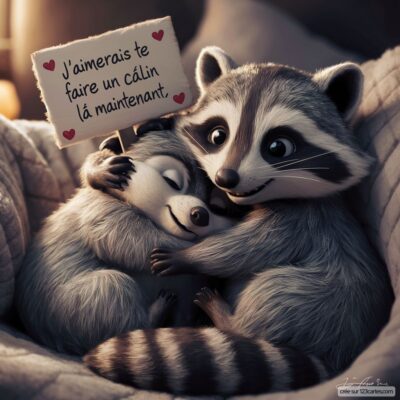 Deux ratons laveurs câlins, l'un tenant une pancarte avec le message : J'aimerais te faire un câlin là maintenant.