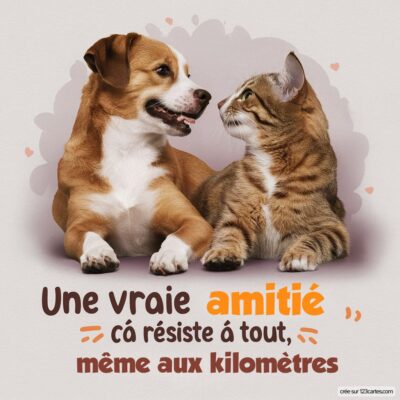 Image de deux animaux, un chien et un chat, se regardant avec tendresse, accompagnée du texte : Une vraie amitié, ça résiste à tout, même aux kilomètres.