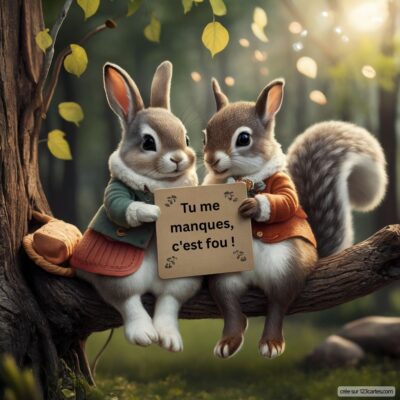 Deux écureuils assis sur une branche, tenant une pancarte avec le texte : Tu me manques, c'est fou ! en forêt.