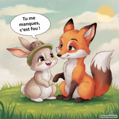 Carte virtuelle illustrant un lapin et un renard assis dans l'herbe, exprimant leur amitié à distance avec le texte : Tu me manques, c'est fou !