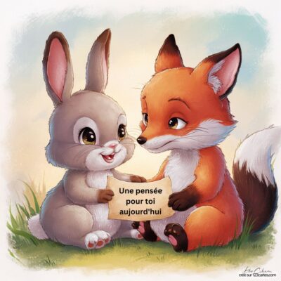 Carte virtuelle illustrant un lapin gris et un renard orange échangent un message d'amitié : Une pensée pour toi aujourd'hui.