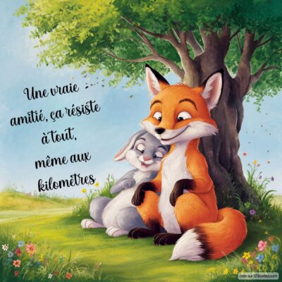 Illustration d'un renard et d'un lapin assis près d'un arbre, avec la phrase sur l'amitié à distance écrite à côté.