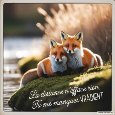 Image de deux renards roux se tenant côte à côte près d'une étendue d'eau, avec le texte : La distance n'efface rien, Tu me manques VRAIMENT.