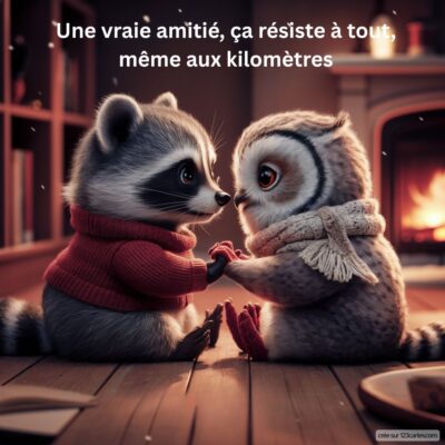 Deux animaux mignons, un raton laveur et une chouette, se tiennent par les mains, symbolisant l'amitié à distance.