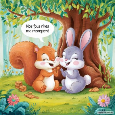Image d'un écureuil et d'un lapin souriants sous un arbre, partageant des souvenirs d'amitié avec le texte Nos fous rires me manquent.
