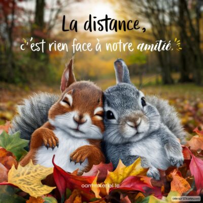 Deux animaux (un écureuil et un lapin) se câlinent sur un tapis de feuilles d'automne. Texte : La distance, c'est rien face à notre amitié.