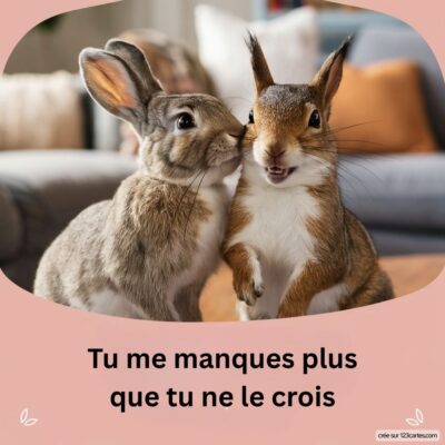 Deux lapins câlins se regardent avec tendresse sur un fond doux. Texte : Tu me manques plus que tu ne le crois.