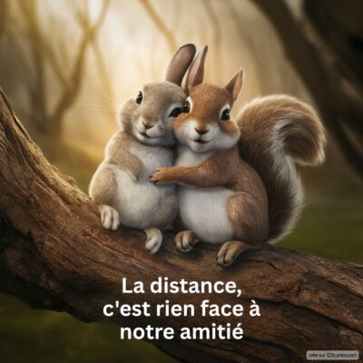 Deux écureuils câlins sur une branche, avec le texte La distance, c'est rien face à notre amitié en dessous.