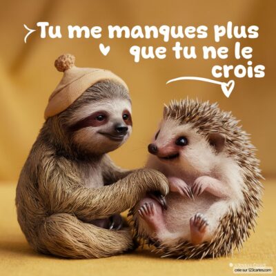 Image d'un paresseux et d'un hérisson se tenant la patte, avec le texte « Tu me manques plus que tu ne le crois » en arrière-plan.