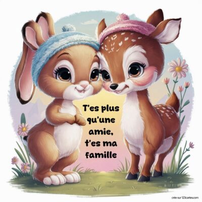 Deux adorables animaux, un lapin et un faon, se tiennent côte à côte, avec le message « T’es plus qu’une amie, t’es ma famille » au centre.