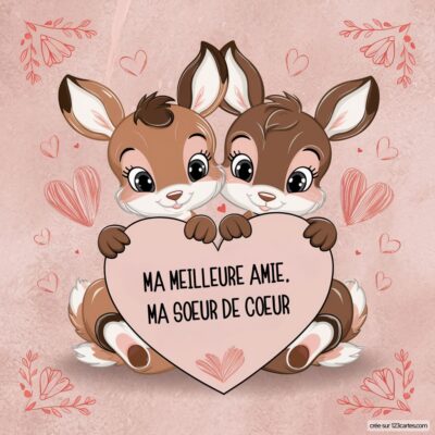 Deux adorables lapins assis, tenant un cœur rose avec le texte Ma meilleure amie. Ma sœur de cœur, sur fond rose avec des cœurs.