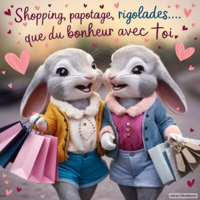 Deux lapins souriants, en habits colorés, portent des sacs de shopping. Le texte évoque l'amitié et les moments joyeux ensemble.