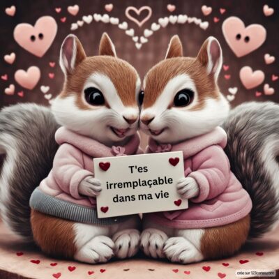 Deux écureuils mignons, vêtus de pulls roses, se tiennent côte à côte en tenant une pancarte avec le message : T'es irremplaçable dans ma vie.