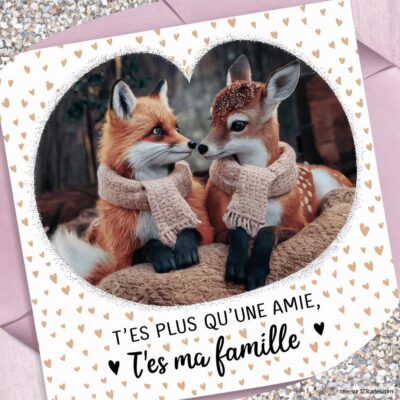 Carte virtuelle avec un renard et un faon portant des écharpes, entourés de cœurs dorés et d’un message affectueux.