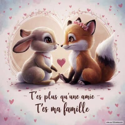 Image d'un lapin et d'un renard se regardant amoureusement, entourés de cœurs. Texte : T'es plus qu'une amie, t'es ma famille.