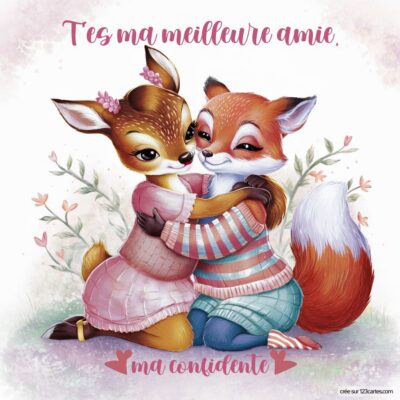 Deux animaux mignons, une biche et un renard, s'enlacent joyeusement. Texte en haut : T'es ma meilleure amie, ma confidente.