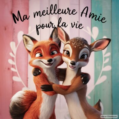 Deux animaux stylisés, un renard et une biche, s'enlacent avec une inscription Ma meilleure amie pour la vie au-dessus.