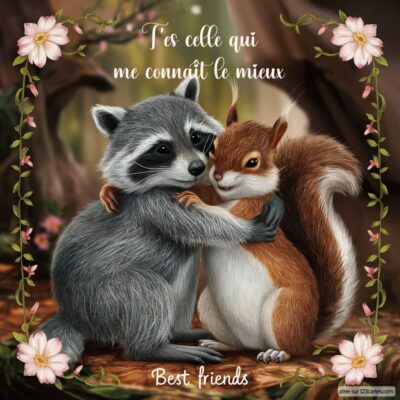 Illustration d'un raton laveur et d'un écureuil s'enlaçant, entourés de fleurs, avec le texte Tu es celle qui me connaît le mieux.