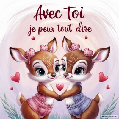 Deux faons mignons se tenant la main, entourés de cœurs, avec le texte Avec Toi je peux tout dire en haut.