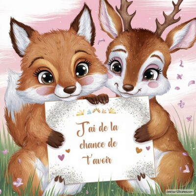Deux animaux mignons, un renard et un faon, tiennent ensemble une pancarte disant J'ai de la chance de t'avoir dans un décor floral.