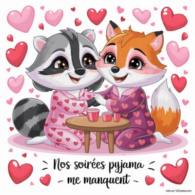 Illustration de deux animaux mignons en pyjama, un raton laveur et un renard, entourés de cœurs. Texte : Nos soirées pyjama me manquent.