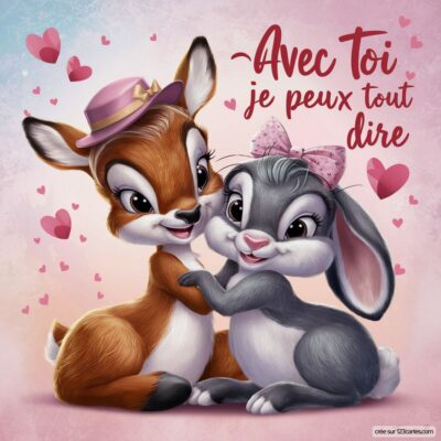 Carte virtuelle illustrée de deux animaux mignons, un faon et un lapin, entourés de cœurs. Texte : Avec toi, je peux tout dire.