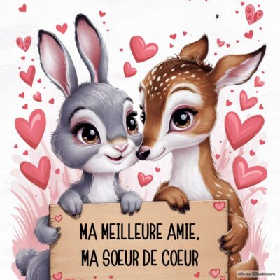 Deux animaux mignons, un lapin gris et un faon, se tiennent près d'une pancarte avec le message : Ma meilleure amie, ma sœur de cœur, entourés de cœurs.